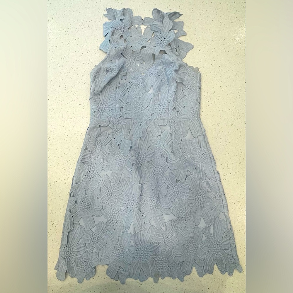 Free People baby blue dress. High neck embroidered flowers summer wedding